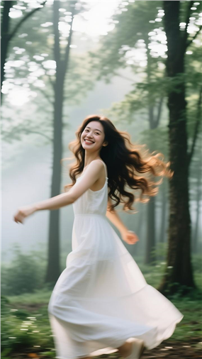 树林放飞自我的白色连衣裙美女图片